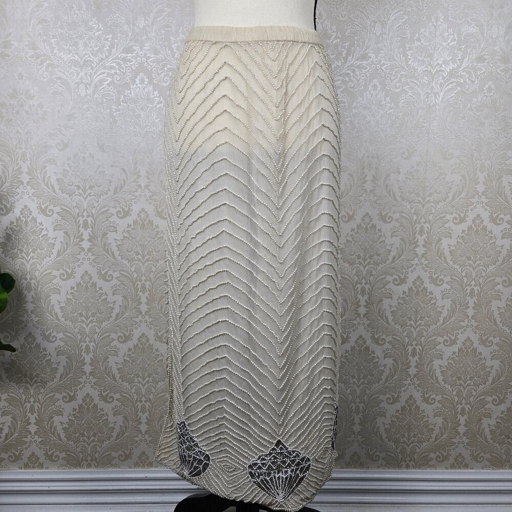 Jewel Queen Sz Med Beaded Sequin Evening Skirt Cream Silver Seashell Pearls Silk